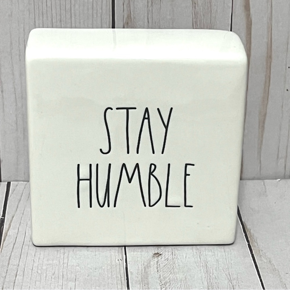 Rae Dunn White Ceramic Paperweight Block Double Sided Stay Humble & Be Kind